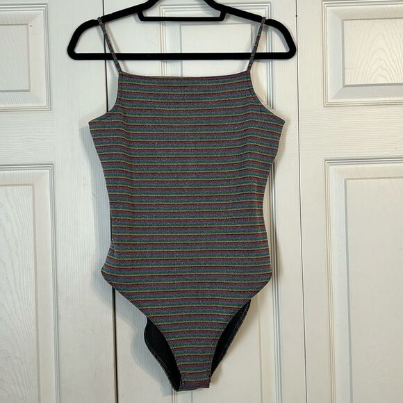 TOPSHOP Size 10 Rainbow Pink Blue Metallic Stretch Bodysuit Square Neckline - Picture 2 of 8